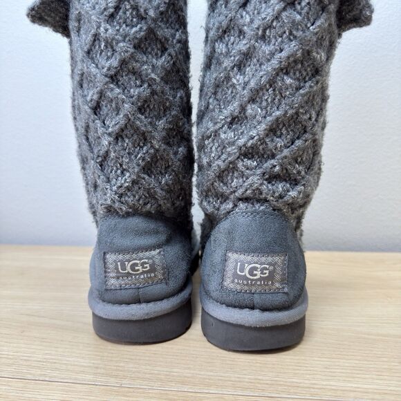 UGG Knit Boots Womens 7 Cardy Tall Sock Sweater Gray Lattice Australia Wool - Picture 8 of 13
